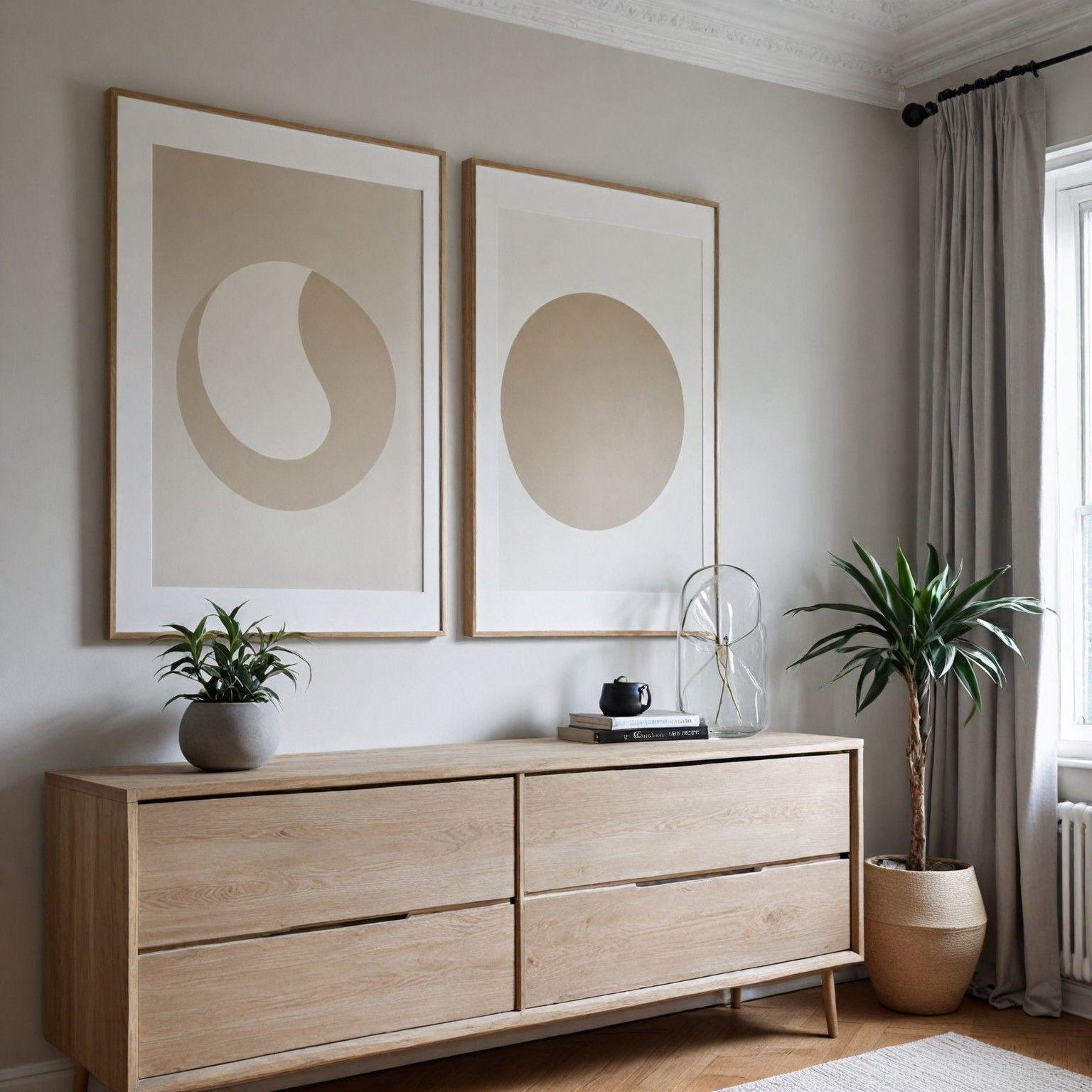 Modern living room with wooden dresser, abstract art, and potted plants by a window.