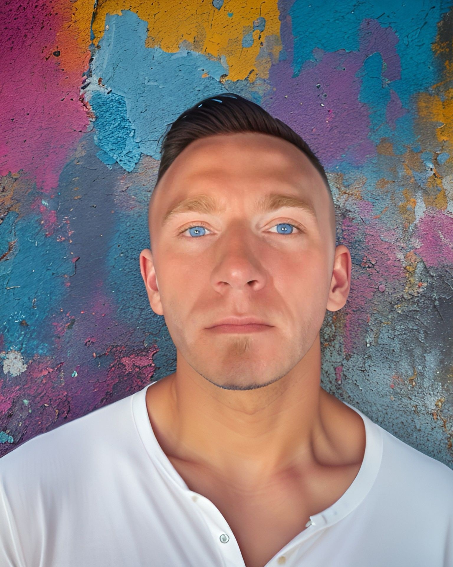 Person wearing a white shirt standing in front of a vibrant, multicolored abstract wall.