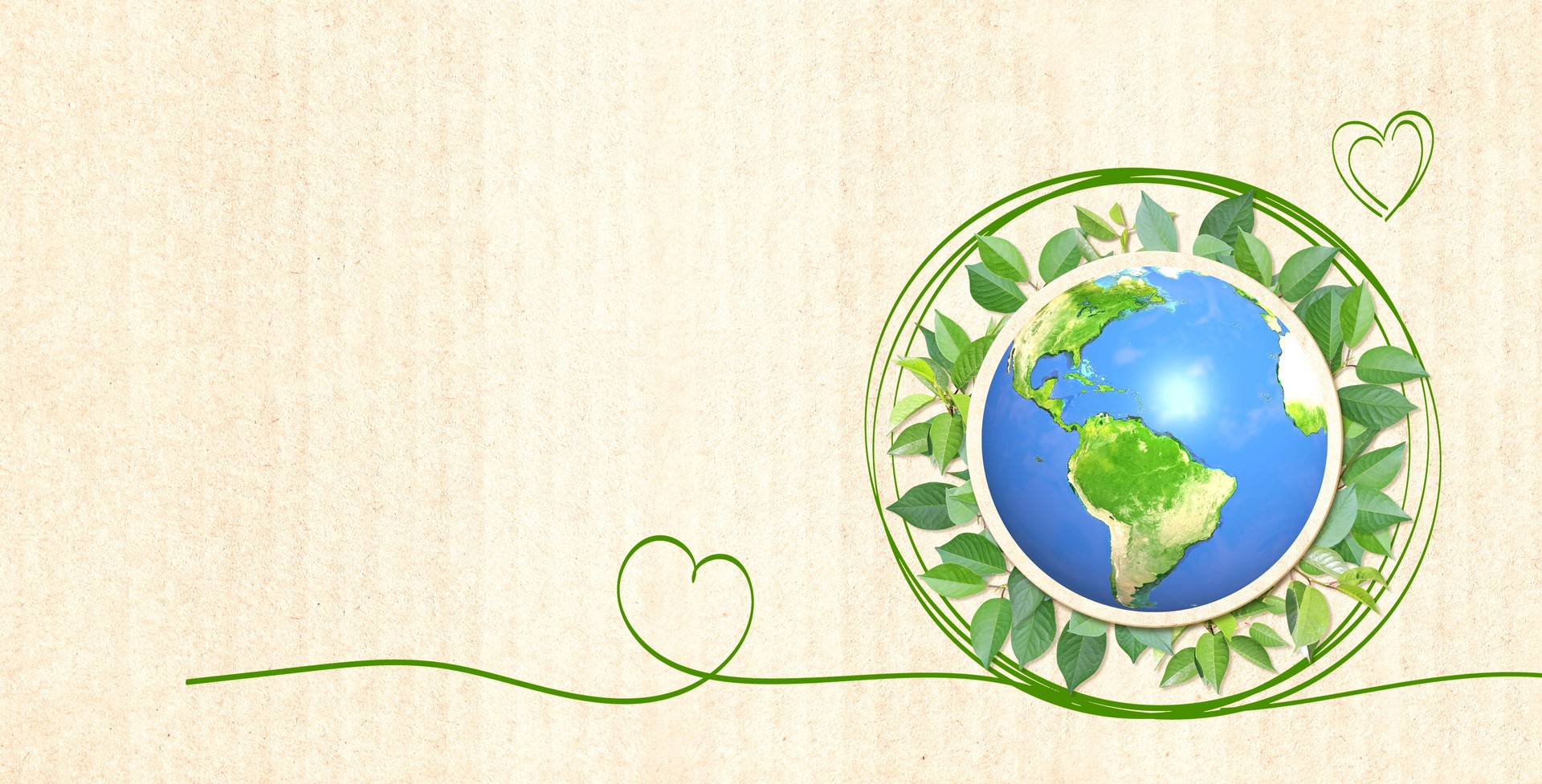 3d Earth planet and green leaves on cardboard texture. Horizontal banner with recycled eco paper texture. Eco, bio, zero waste concept. Copy space for text. Element of this image furnished by NASA