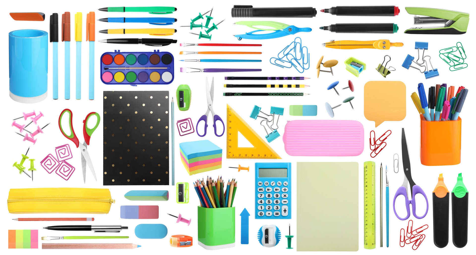 Set of bright school stationery on white background. Banner design