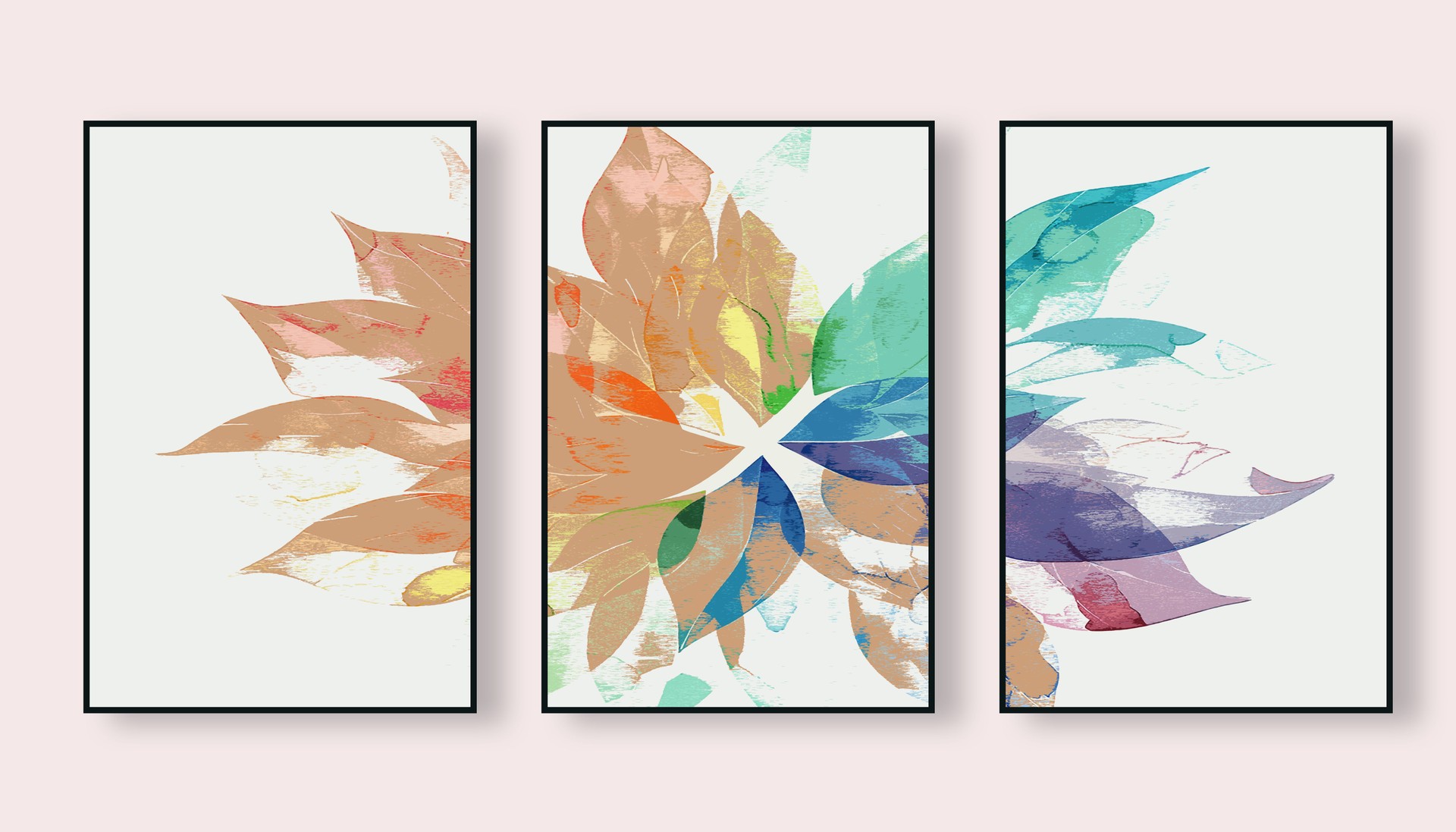 Golden flowers, abstract art watercolor painting, stylish modern wall art, triptych